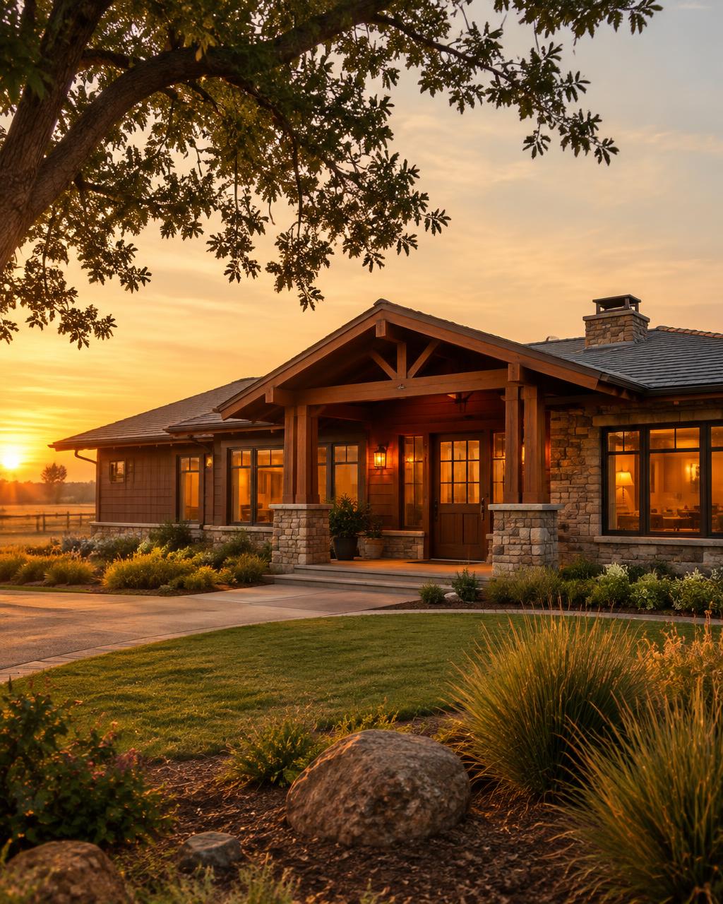 Golden hour exterior of a craftsman ranch home in the California Central Valley