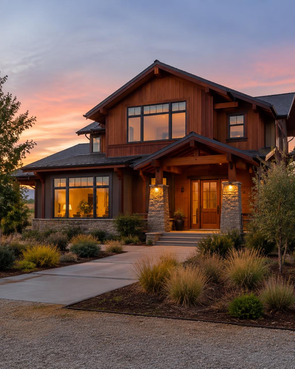 Cedar Ridge Residence, a modern craftsman home at dusk